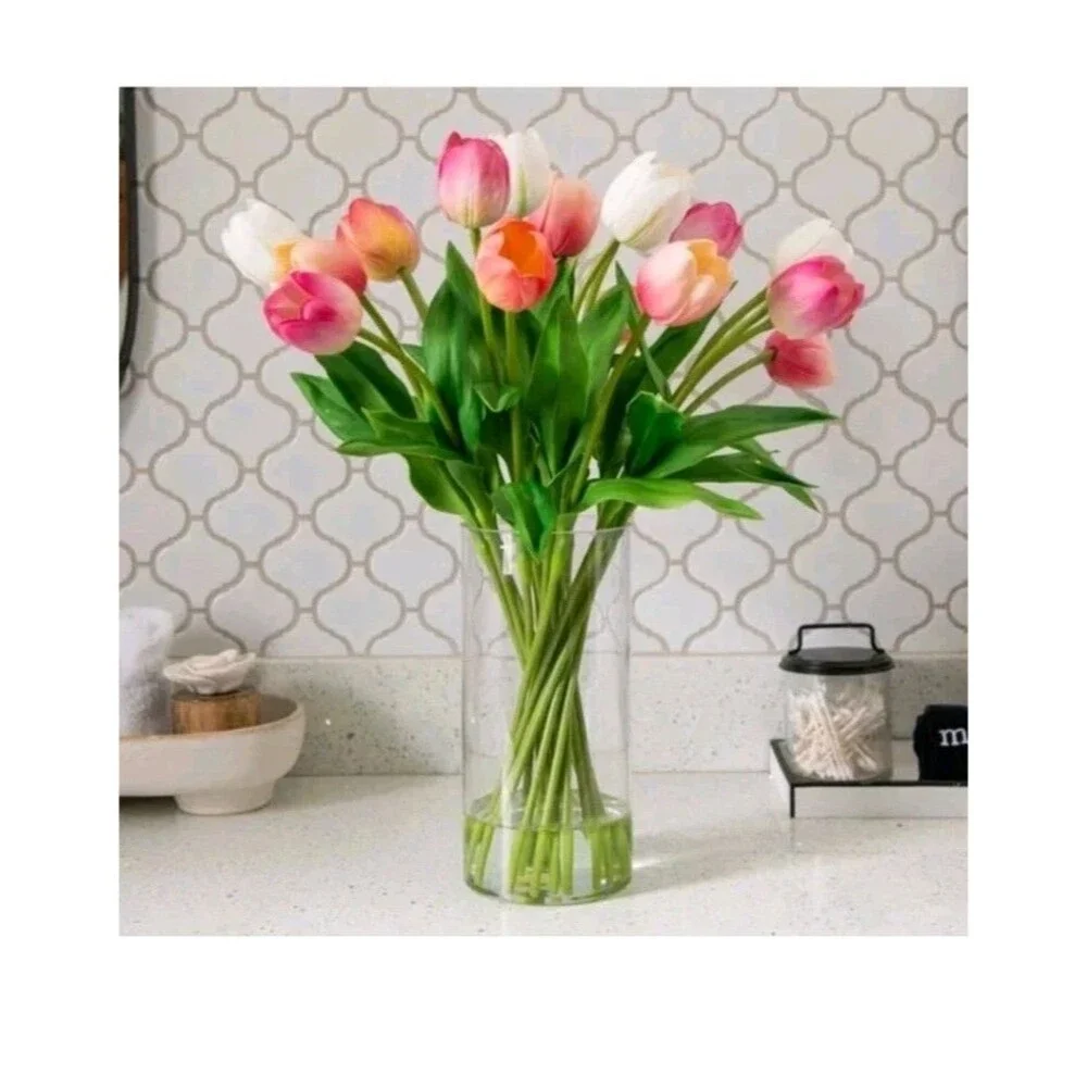 TULIPS FAKE ARTIFICIAL FLOWER FLORAL ARRANGEMENT SILK FLOWERS CERAMIC VASE NEW
